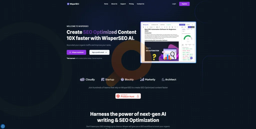 Create SEO Optimized Content 10X faster with WisperSEO AI.